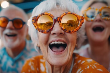 A group of happy seniors wearing sunglasses and enjoying a sunny day together on the beach. They are smiling, laughing, and sharing a fun moment as they travel.