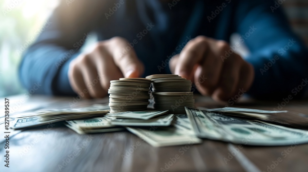 Poster a close view of stacks of dollar bills arranged on a wooden table showing wealth and finance : gener