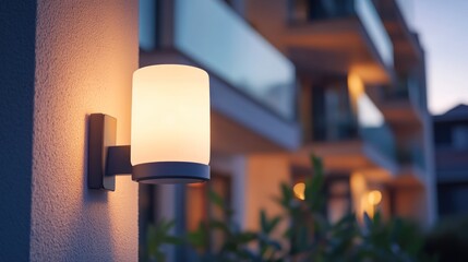 Modern wall lamp with a white glass shade on the exterior of an apartment building at dusk.