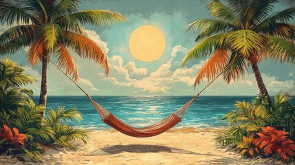 Tranquil Beach Scene with Hammock Under Tropical Palm Trees