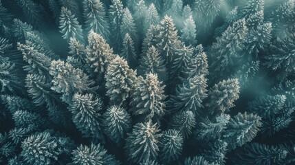 top view of a snowy pine forest in winter