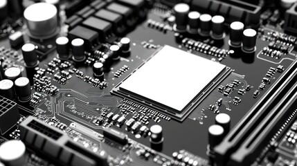 Close Up of a Black Circuit Board with a Central Processor