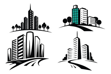 Obraz premium Isometric Cityscape Silhouettes – Modern Urban Vector Designs