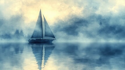 Tranquil Sailboat on a Misty Lake at Sunrise