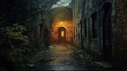 Obraz premium Mysterious Doorway in Wet Street Illuminated by Soft Light