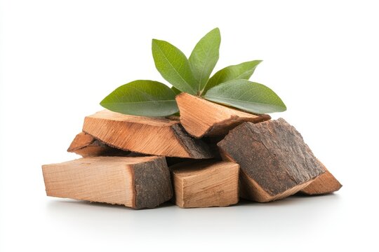 Freshly Cut Firewood Pieces Stacked Neatly with Green Leaves on Top Against Clean White Background