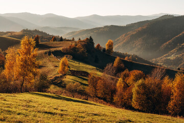 Amazing awe landscape. Majestic view of Carpathian mountains, autumn season