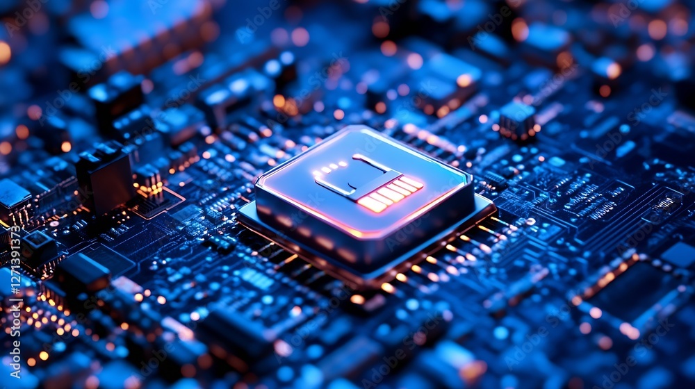 Aufkleber Close up view of a futuristic computer processor on a blue circuit board highlighting technology advancements : Generative AI