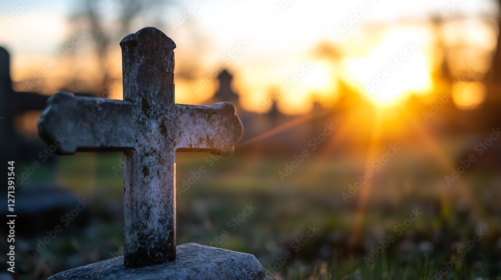 Poster weathered stone cross with sun rising in the background illuminating an old cemetery : generative ai