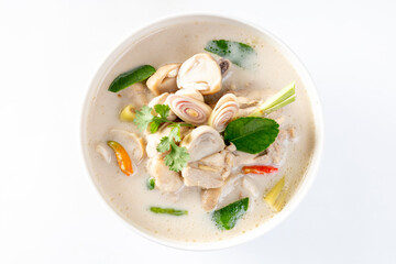 Tom Kha Gai (Thai Chicken Coconut Soup) on a white background