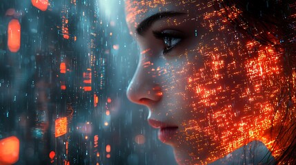 A cyberpunk setting with glitch patterns, smooth digital surfaces, and futuristic human faces 