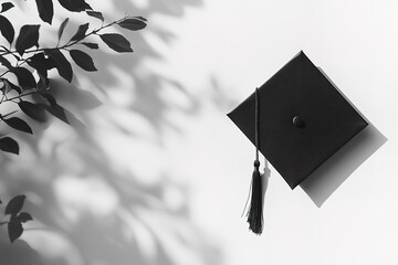 Celebrate Success! A Classic Black Graduation Cap with Tassel, Isolated on a Pure White Background. Perfect for Education, Achievement, Commencement, and Graduation Announcements. Ideal for websites, 