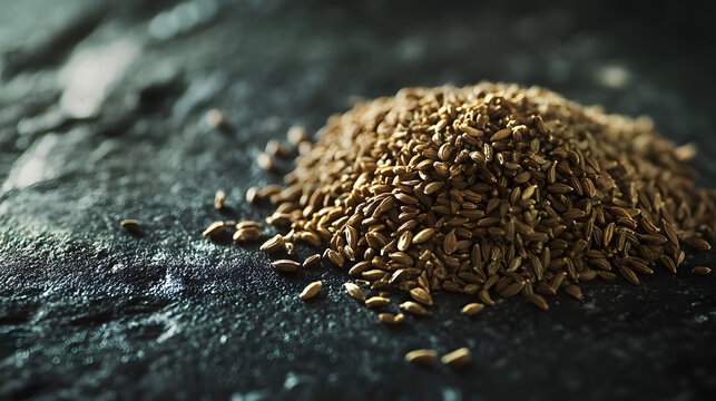 A pile of cumin seeds in a small mound on a textured dark surface, the small brown seeds clearly visible.