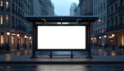 Night mockup of bus stop advertising billboard. Blank banner template for marketing, isolated for digital ads. Realistic city street view with illuminated posters, commercial signs, empty board.