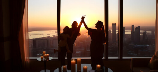 Fototapeta premium Happy Family Trip Vacation on beach at sunset or sunrise together when holiday 