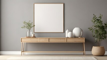 Blank canvas mockup above a wooden console table in a minimalist entryway with soft grey walls 