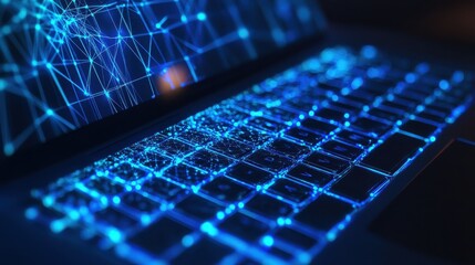 Close up of laptop computer with blue polygonal mesh. Technology, security and web hacking concept. Double exposure