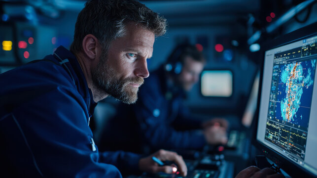 Subsea engineering control hub with professionals monitoring data and technology