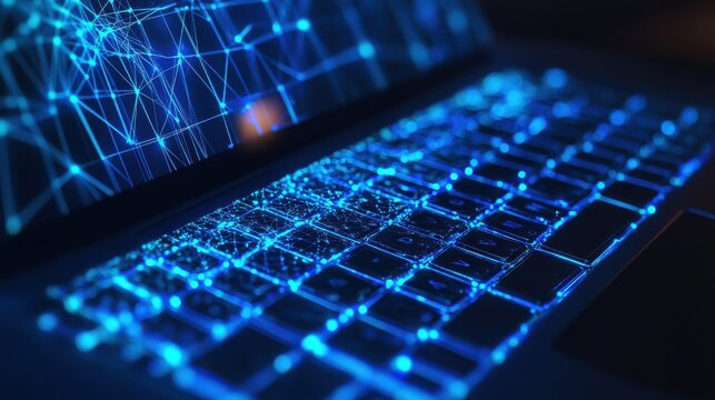 Close up of laptop computer with blue polygonal mesh. Technology, security and web hacking concept. Double exposure - Powered by Adobe