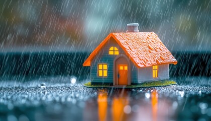 Miniature House Model with Bright Roof in the Rain on Glossy Surface