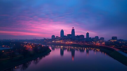 Fototapeta premium Pink And Purple City Skyline Sunrise Reflection