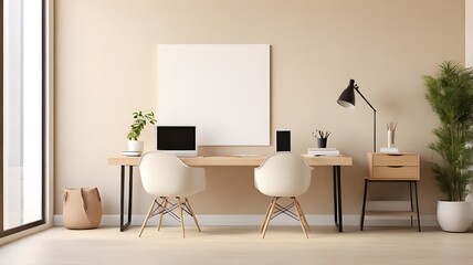 Blank modern canvas mockup on a soft beige wall in an office with a simple white desk and a sleek ergonomic chair 