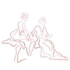 hand drawn line art vector of two women sitting together. 1800s culture depiction.