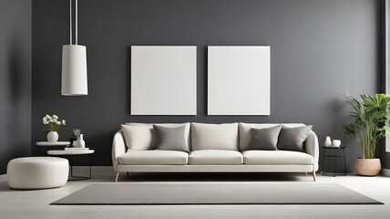 Blank modern canvas on a charcoal grey wall in a minimalist lounge with sleek white furniture and neutral flooring 