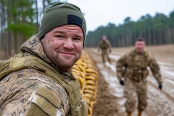 A military training camp where soldiers are undergoing a rigorous obstacle course challenge