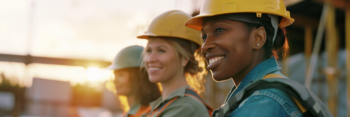 Inclusive image of a multiethnic team of female construction workers, professional portrait of a diverse group of tradeswoman builders, International Women's Day concept, copy space	
