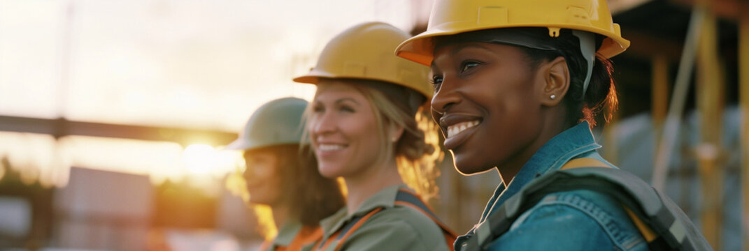 Inclusive image of a multiethnic team of female construction workers, professional portrait of a diverse group of tradeswoman builders, International Women's Day concept, copy space	
