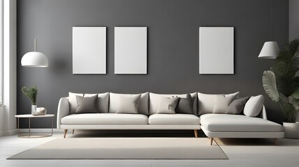 Blank modern canvas on a charcoal grey wall in a minimalist lounge with sleek white furniture and neutral flooring 