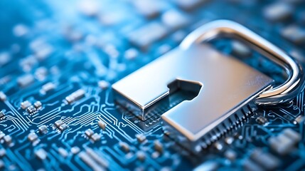Secure digital lock over a circuit board background representing cybersecurity and protection : Generative AI