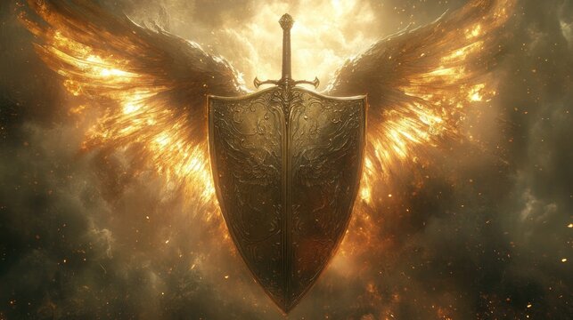 Fiery winged shield, sword, heaven, game art, fantasy