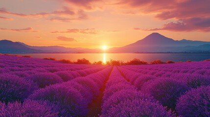 Sunset over lavender fields and mountain lake