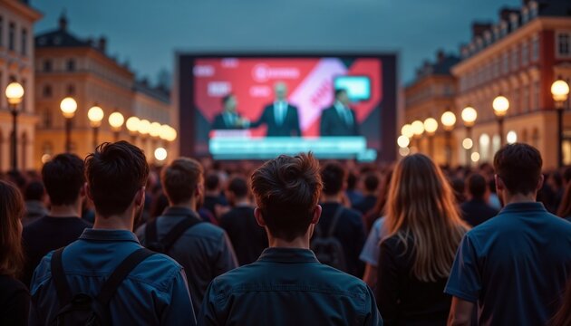 Crowd in a city square reacts to shocking news, watching a large breaking news screen with mixed emotions of surprise and concern.