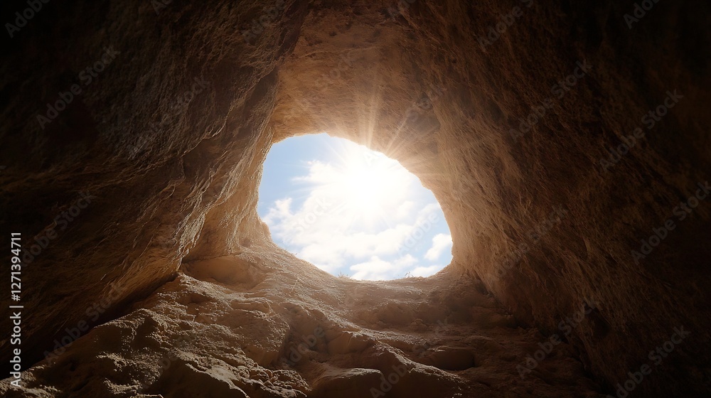 Aufkleber sunlight streaming through a natural cave opening revealing a bright blue sky and soft clouds above 