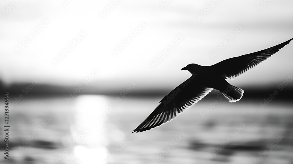 Poster beautiful silhouette of a bird in flight against a serene lake background showcasing tranquility and