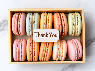 Delightful pastel macarons in box with Thank You note, Elegant Wedding Day Scenes in a Hotel Room or Bridal Suite.