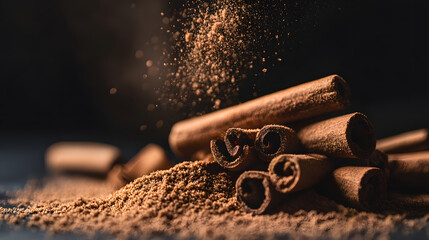 A pile of ground cinnamon scattered across a dark surface, the fine brown powder clearly visible.