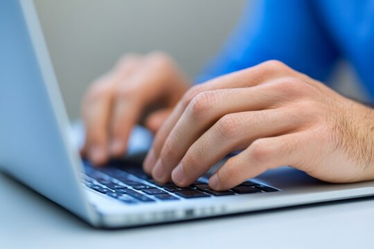 A highly detailed close-up of a journalist hands typing on a laptop, breaking a major news story