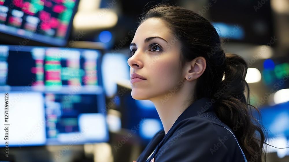 Aufkleber Focused female trader analyzing financial data on multiple screens in a modern trading environment : Generative AI