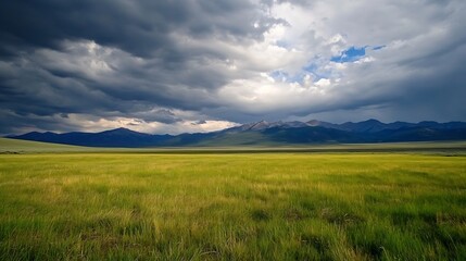 Obraz premium Vast open landscape under a dramatic sky with clouds forming over rolling green hills : Generative AI