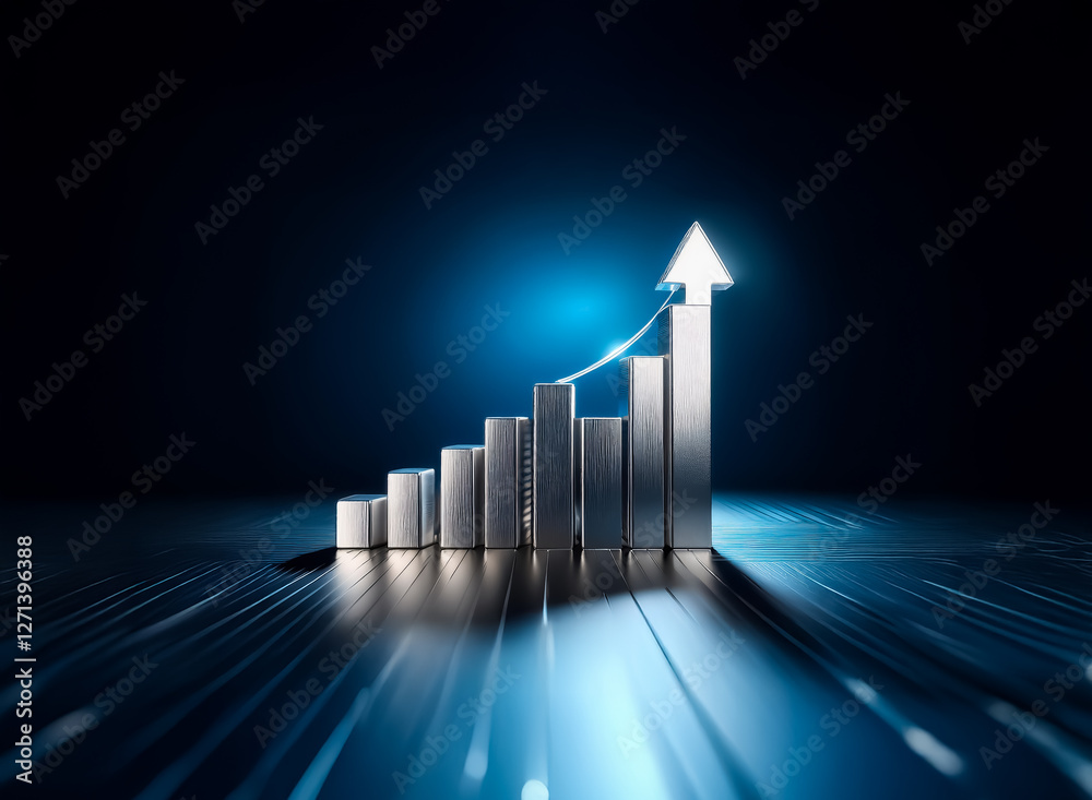 Wall mural a metallic bar graph with an arrow pointing upwards against a dark blue background with light streak