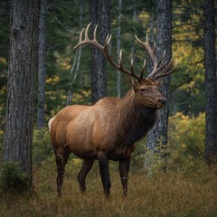 Fototapeta premium Red deer stag. Great red deer stag in a forest. Save to Library Majestic red deer standing in a serene forest, surrounded by nature Dark Antlers With Bright Tips On Large Bull Elk