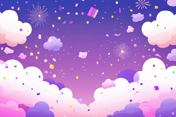 Bright colors create a whimsical backdrop with playful clouds and confetti, evoking a sense of celebration and joy for children