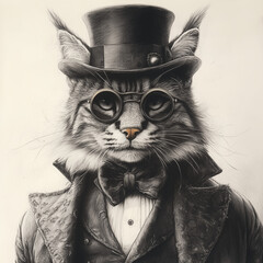 Cute Old School Style Bobcat in a dapper hat, sepia, gangster vibe, peaky blinders