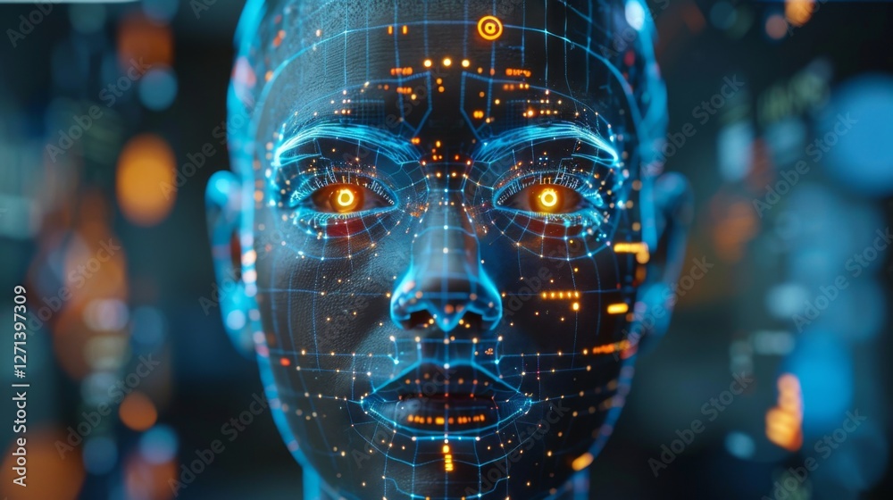 Aufkleber A detailed representation of a digital face features glowing eyes and an elaborate circuit design. The artwork emphasizes technology and innovation in a modern context.