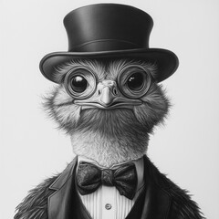 Cute Old School Style Ostrich in a dapper hat, sepia, gangster vibe, peaky blinders