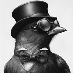 Cute Old School Style Raven in a dapper hat, sepia, gangster vibe, peaky blinders
